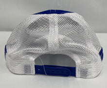 Load image into Gallery viewer, Blue/White Mesh Stars Distressed Patch Trucker Hat
