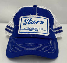 Load image into Gallery viewer, Blue/White Mesh Stars Distressed Patch Trucker Hat
