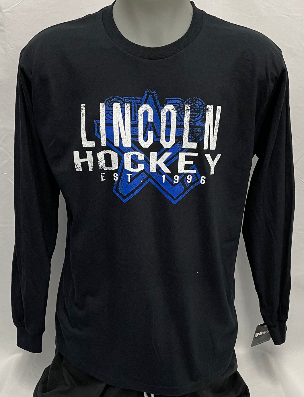 Black Lincoln Hockey with Background Logo Long Sleeve Tee