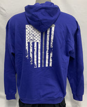 Load image into Gallery viewer, Blue Left Chest Logo Hoodie with American Flag On Back
