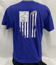 Load image into Gallery viewer, Blue Left Chest Logo T-Shirt with American Flag On Back
