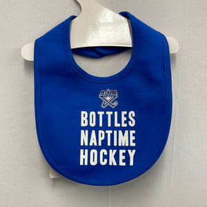 Blue "Bottles, Naptime, Hockey" Bib